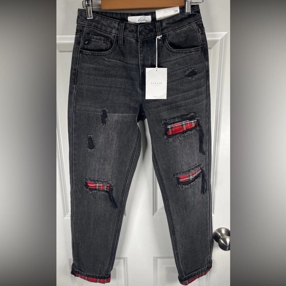 Kancan Distressed Plaid Patch Mom Jeans Black Wash Denim Size 24